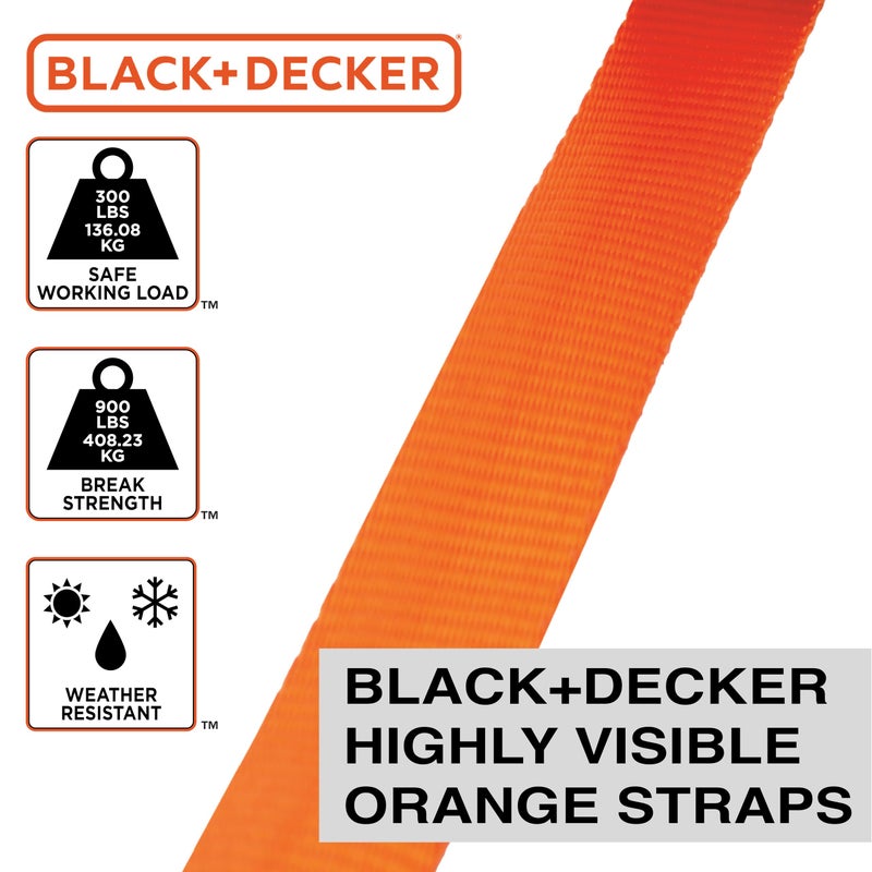 BLACK+DECKER BD1005 Black/Orange 1"" x 10' Ratchet Tie Down Straps - 300 lb Safe Working Load / 900 lb Break Strength  4 Pack - Image 4